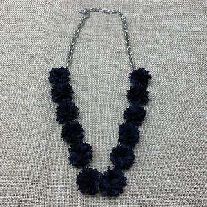 Talbots Navy Blue Fabric Flowers Floral Necklace on a shiny silver chain, marked